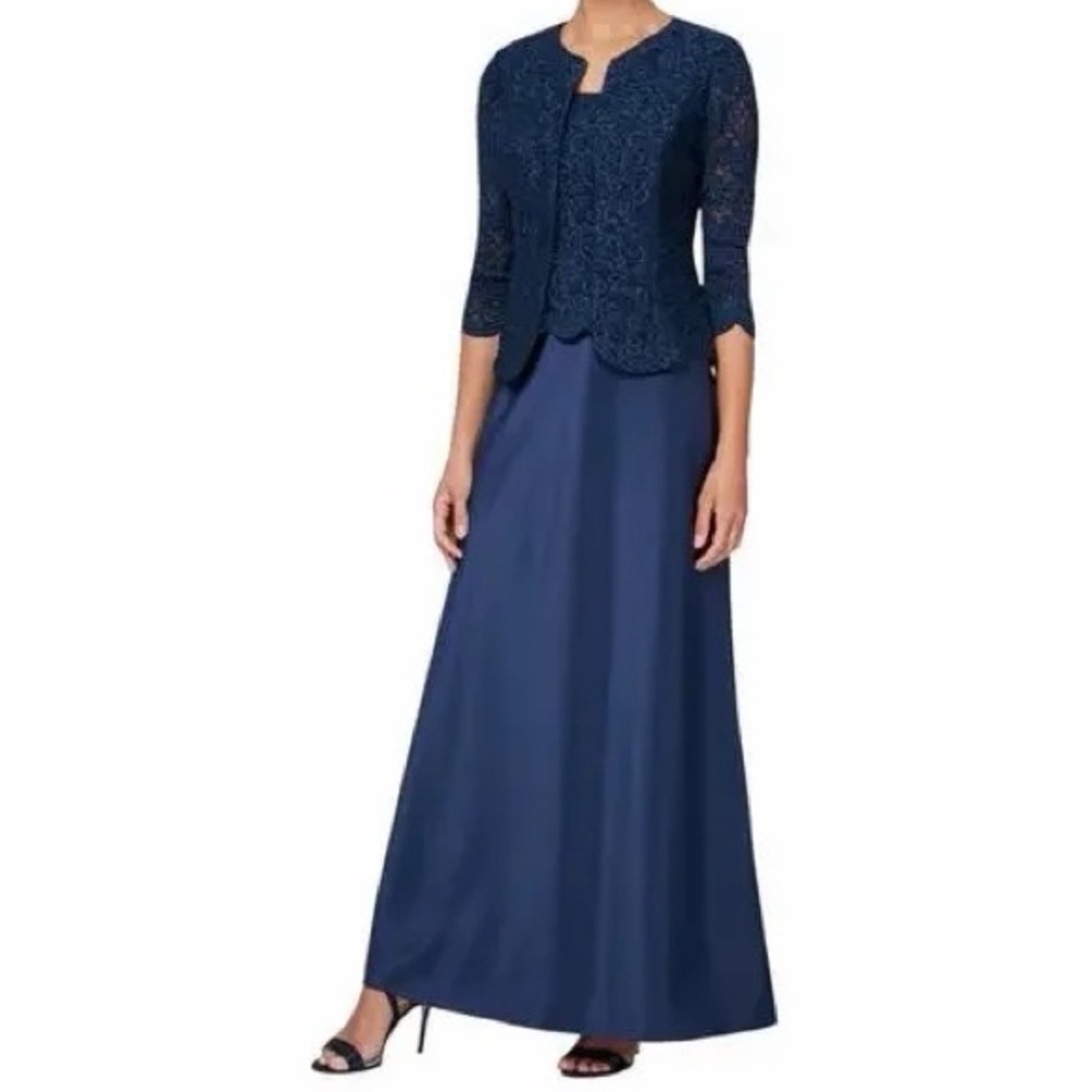 Alex Evenings Navy Lace Sequin 2pc Formal Gown Set Jacket Dress Size 8